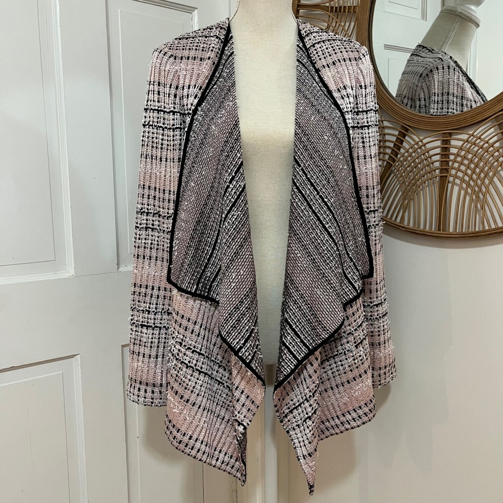 ST. JOHN Sz M Caviar Flagged‎ Stripe Knit Tweed Open Cascade Front Cardigan